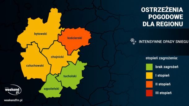 Intensywne opady śniegu, w powiecie kościerskim nawet 25 cm. Ponadto zawieje śnieżne. Są alerty IMGW dla naszego regionu