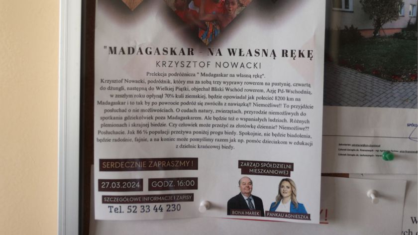 Wizerunki członków zarządu Spółdzielni Mieszkaniowej w Chojnicach takie same na spółdzielczych ogłoszeniach i na ich oficjalnych plakatach wyborczych