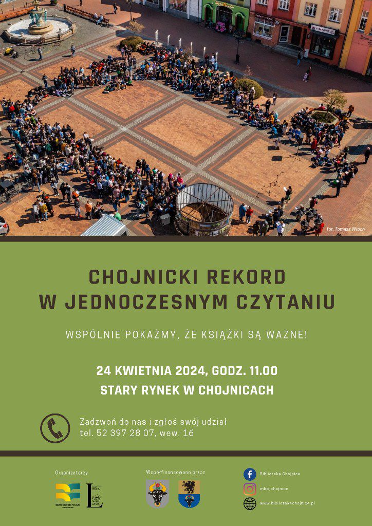 "Bicie rekordu w grupowym czytaniu i urodziny Williama Szekspira "  zaprasza Przemysław Zientkowski z MBP w Chojnicach