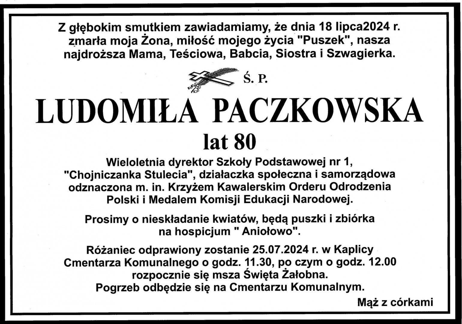 W czwartek 25 lipca odbędzie się pogrzeb "Chojniczanki Stulecia" Ludomiły Paczkowskiej