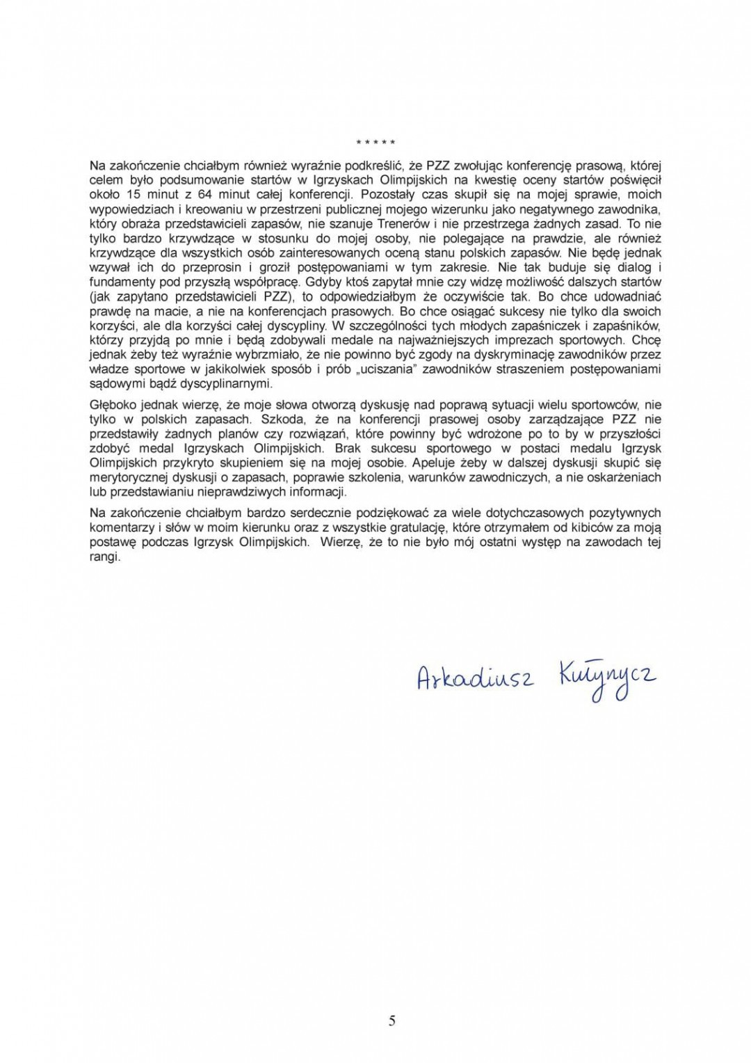 Polski Związek Zapaśniczy oczekuje przeprosin od Arkadiusza Kułynycza. Zapaśnik z Miastka odmawia i wydaje oświadczenie