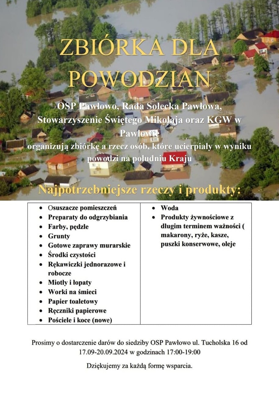 Zbi&oacute;rka na rzecz powodzian także w OSP w Pawłowie. Jednostka od dziś (17.09.) przyjmuje dary w swojej siedzibie