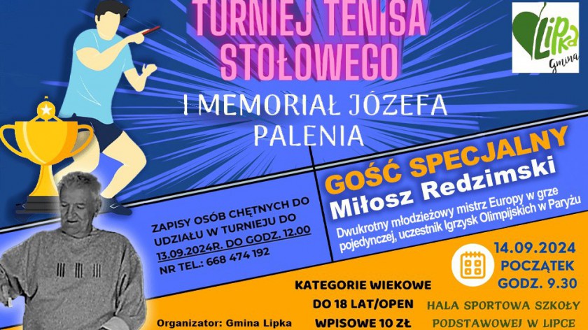 W Lipce w powiecie złotowskim jutro 14.09 dwie imprezy, m.in. I Memoriał Józefa Palenia w tenisie stołowym