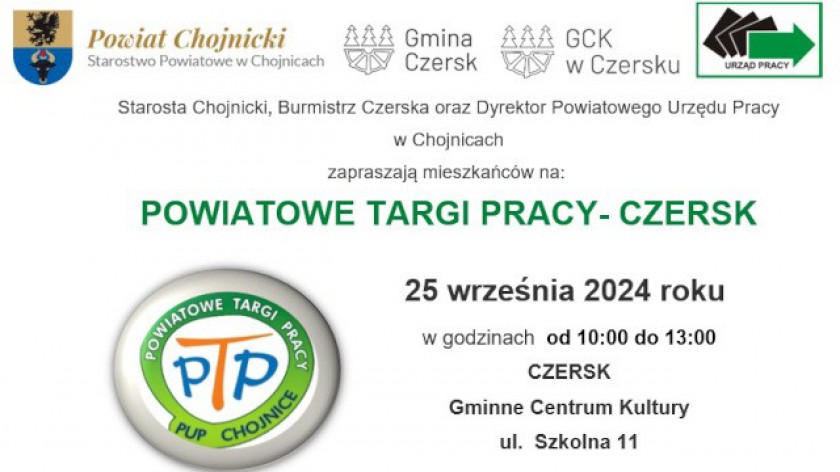 Jutro 25.09 w Czersku odbędą się Powiatowe Targi Pracy. Przedsiębiorcy zaprezentują ponad sto miejsc pracy