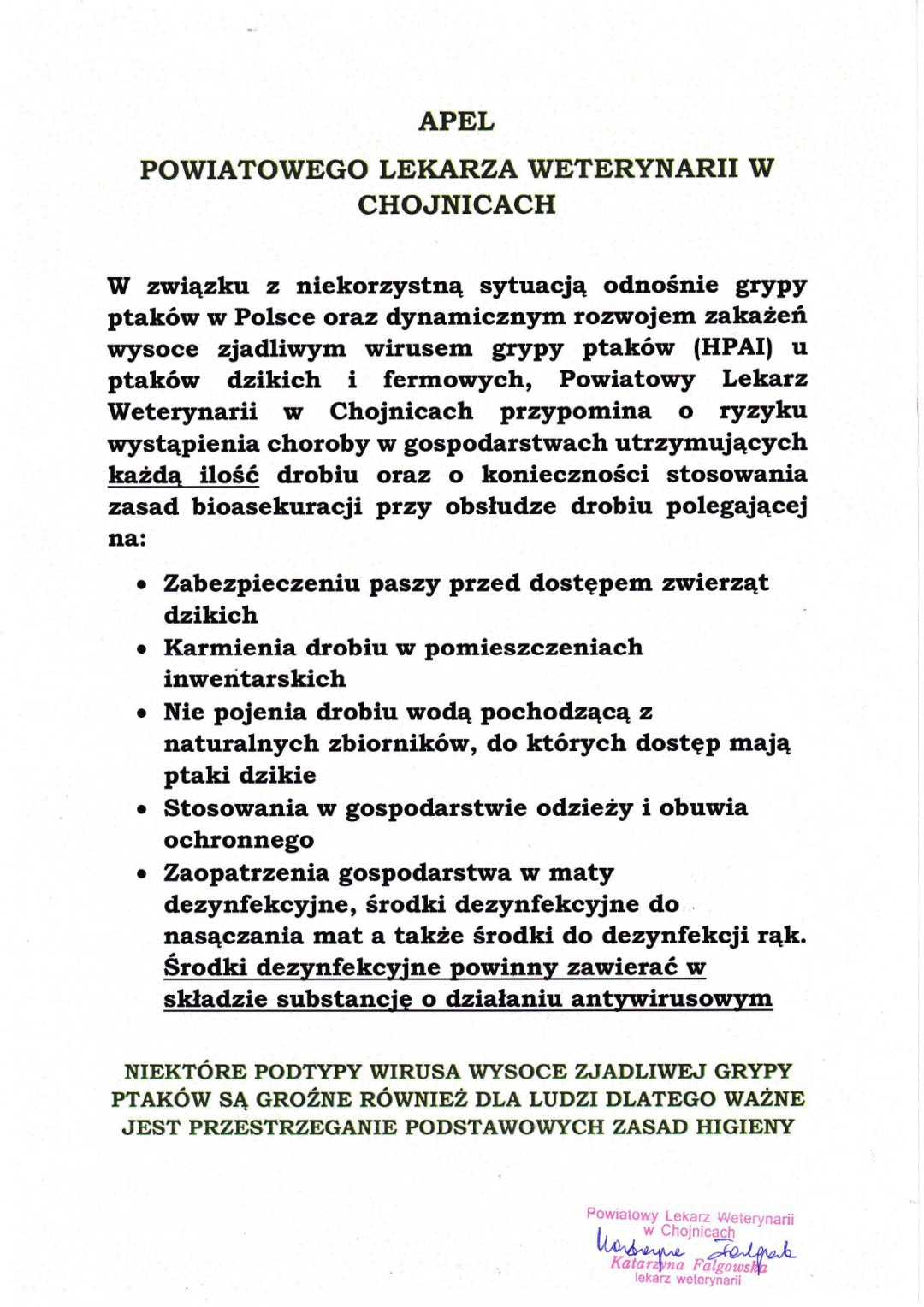 Powiatowy Lekarz Weterynarii w Chojnicach wystosował apel w związku z wysoko zjadliwym wirusem ptasiej grypy
