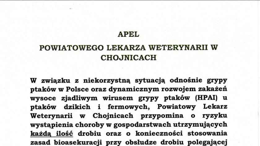 Powiatowy Lekarz Weterynarii w Chojnicach wystosował apel w związku z wysoko zjadliwym wirusem ptasiej grypy