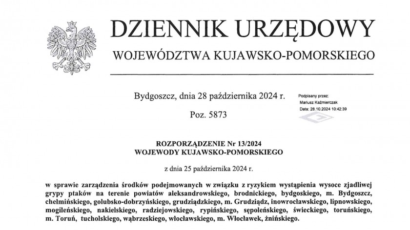 Wojewoda kujawsko-pomorski wprowadził zakaz trzymania drobiu na wolnym wybiegu 