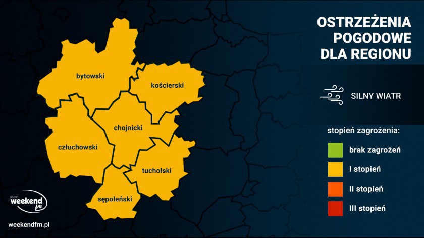 Silny wiatr w porywach do 80 km/h, miejscami burze. IMGW wydał ostrzeżenie pierwszego stopnia dla naszego regionu