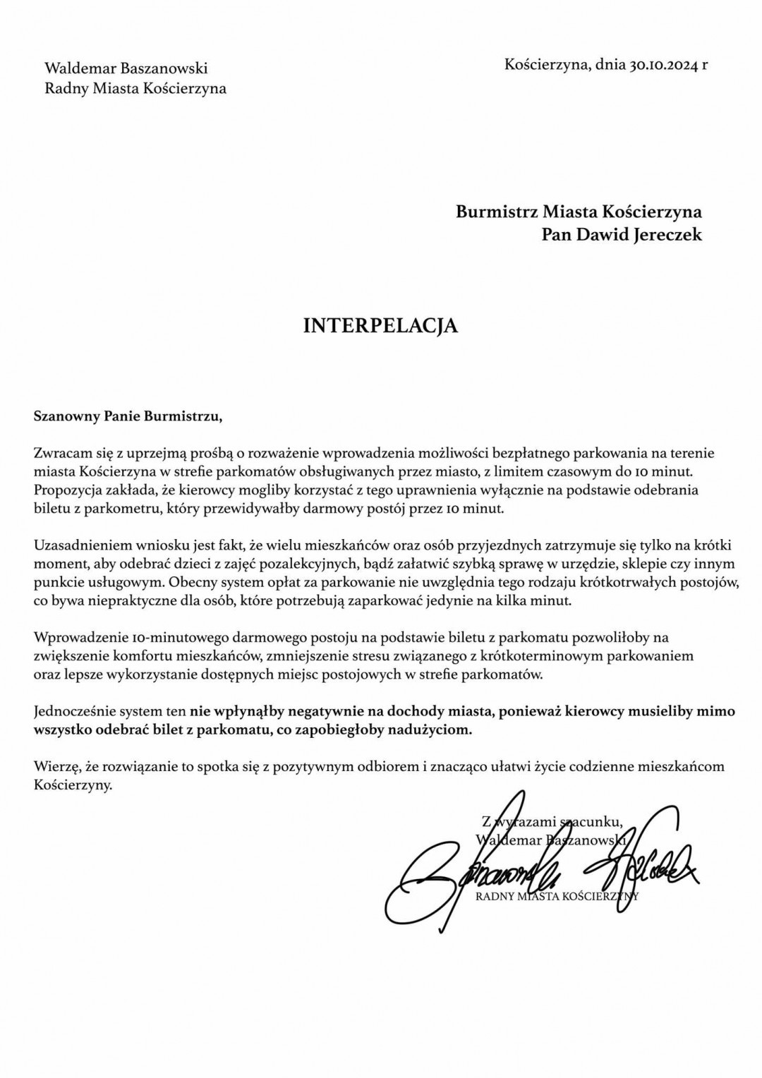 Jest wniosek o możliwość bezpłatnego parkowania do 10 minut w Kościerzynie