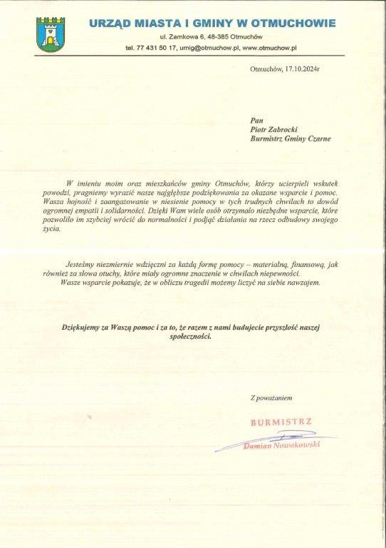 Pomoc rzeczowa, zamiast finansowej. Gmina Czarne nie przekazała pieniędzy, ale inaczej pomogła partnerskiej gminie Otmuch&oacute;w