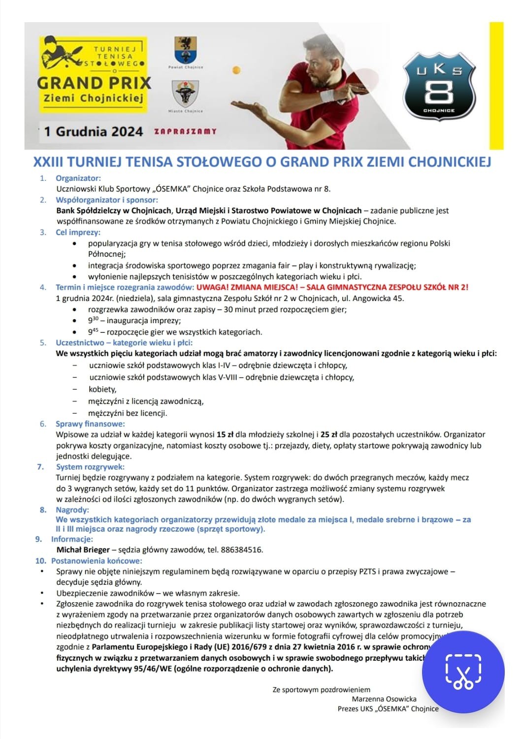 Po raz 23. tenisiści stołowi zagrają o Grand Prix Ziemi Chojnickiej. Turniej w niedzielę (1.12.) 