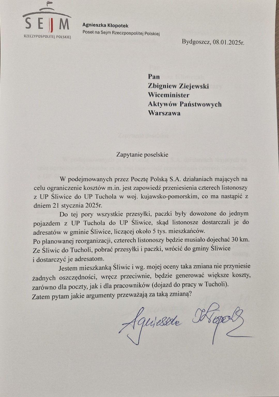 Posłanka ze Śliwic interweniuje w ministerstwie w sprawie reorganizacji poczty w tej miejscowości