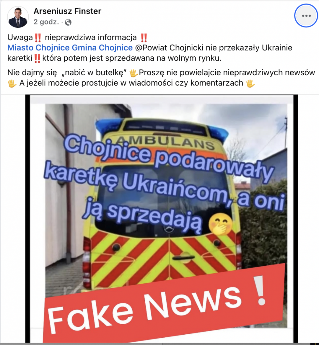 Czy karetka wystawiona na ukraińskim portalu sprzedażowym to podarowany pojazd z Chojnic? Sprawdziliśmy: to fake news