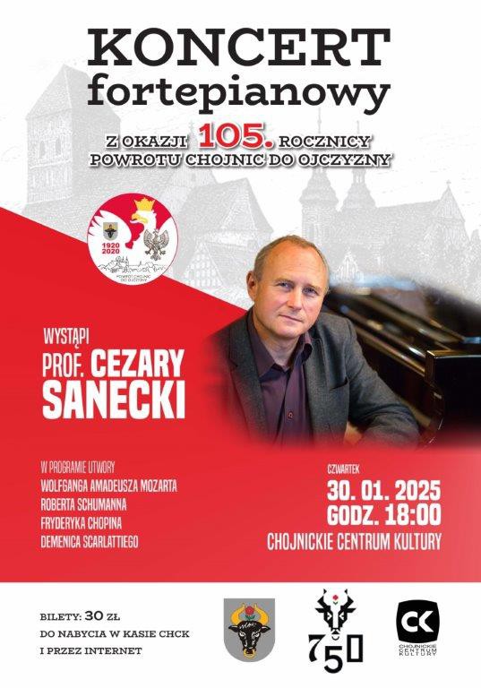 Koncert fortepianowy na podw&oacute;jną rocznicę w Chojnicach. 30 stycznia na scenie ChCK wystąpi profesor Cezary Sanecki