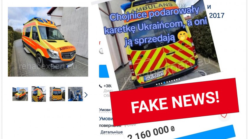 Czy karetka wystawiona na ukraińskim portalu sprzedażowym to podarowany pojazd z Chojnic? Sprawdziliśmy to fake news