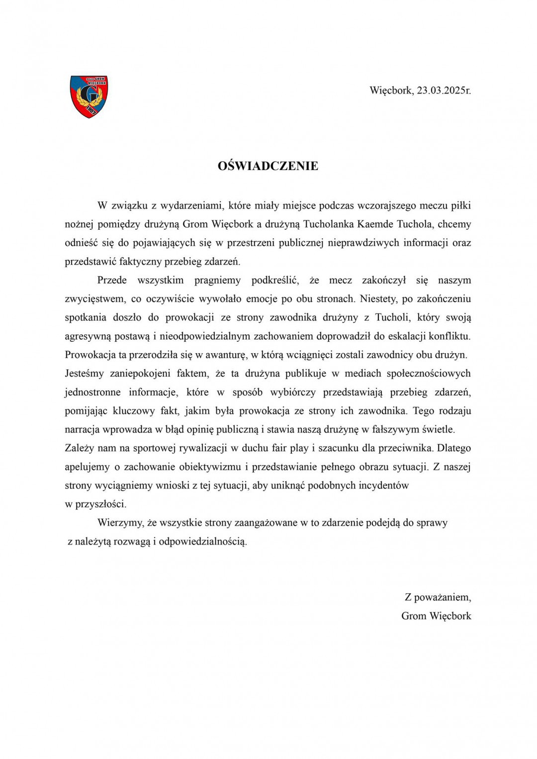 B&oacute;jka po wczorajszym (22.03) meczu bydgoskiej "A" klasy pomiędzy Gromem Więcbork a Tucholanką Tuchola