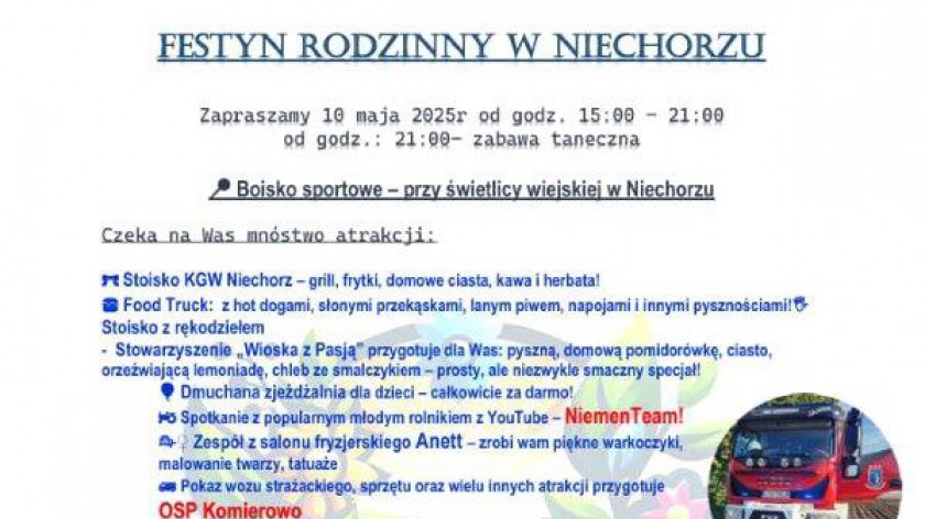 Stowarzyszenie Wioska z pasją z Niechorza k. Sępólna Krajeńskiego zaprasza dziś 10.05 na piknik rodzinny