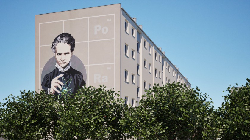 Nowy mural w centrum Kościerzyny. Ścianę bloku zdobi wizerunek Marii Skłodowskiej-Curie
