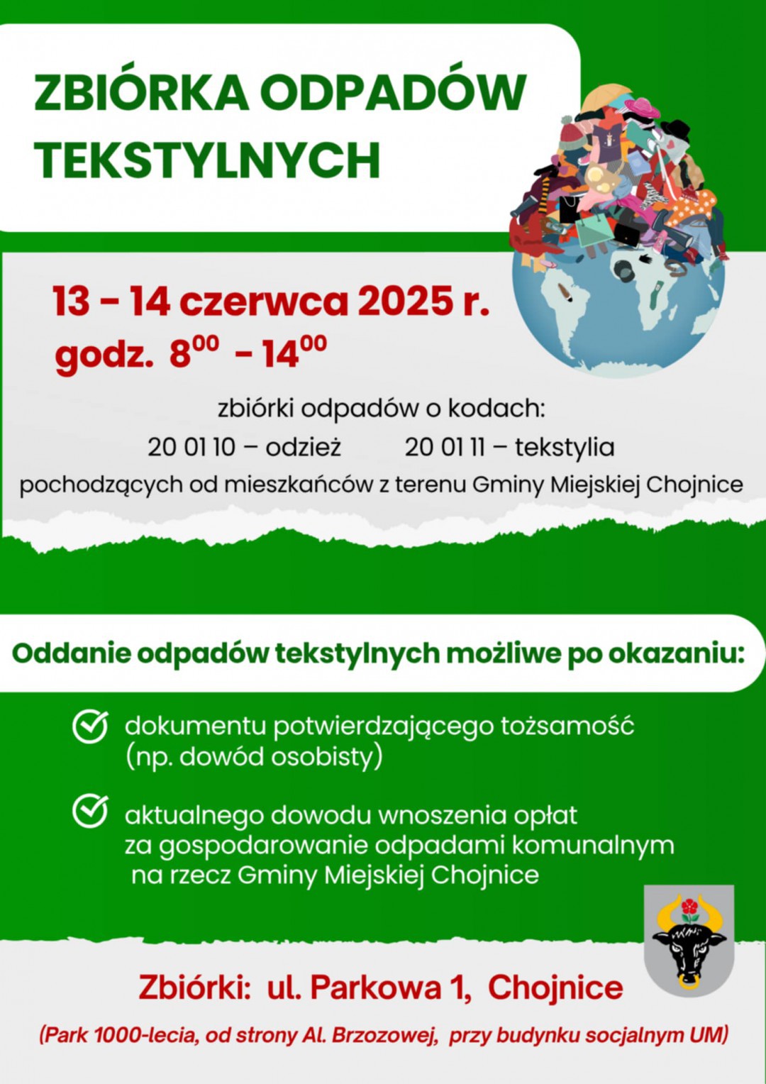 W Chojnicach dzisiaj i jutro (13-14.06) zbi&oacute;rka tekstyli&oacute;w. Mobilny punkt stanął w Parku Tysiąclecia