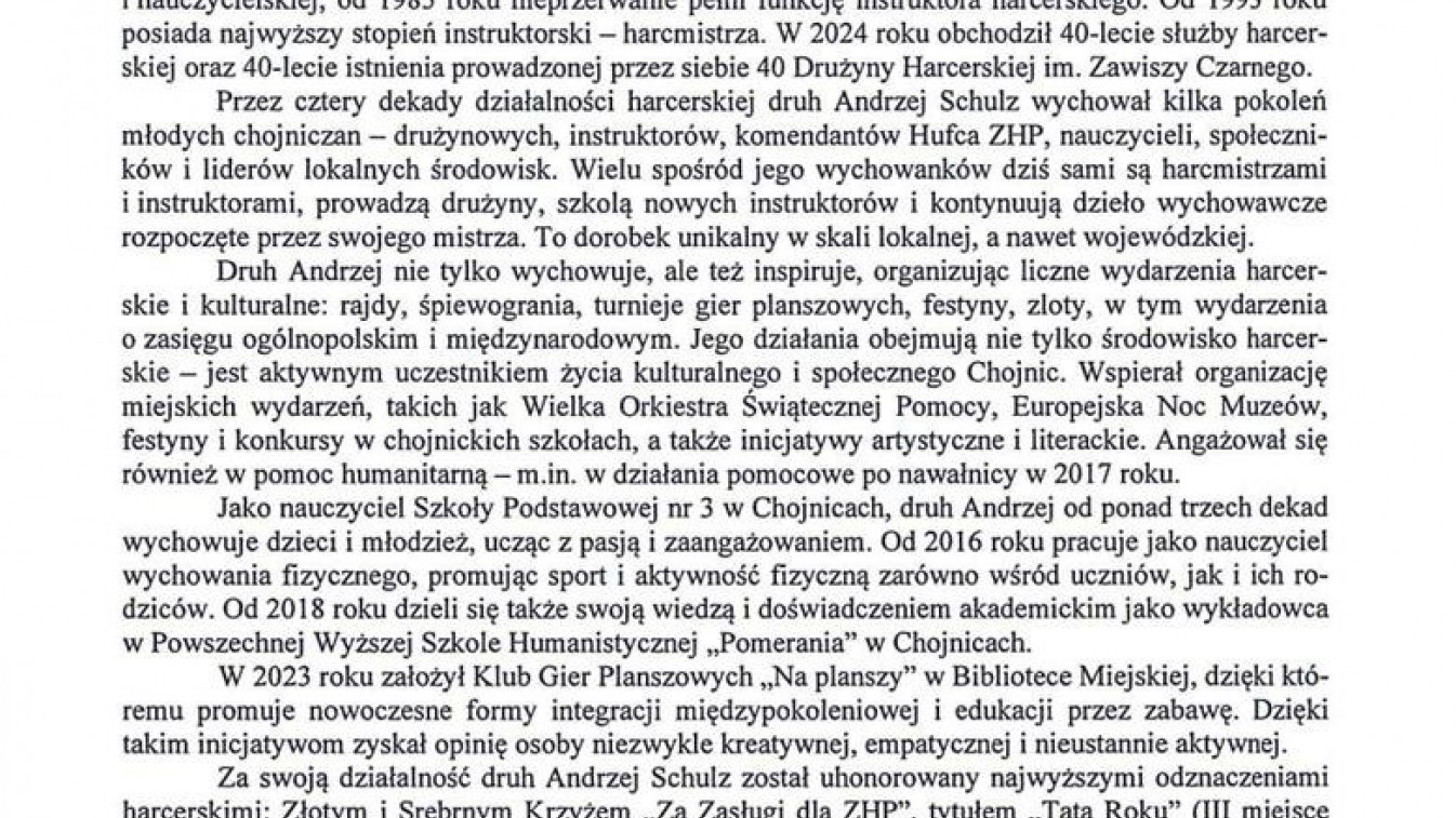 Harcmistrz Andrzej Schulz dołączył do grona Zasłużonych Obywateli Miasta Chojnice. "Nigdy nie myślałem, że spotka mnie takie wyr&oacute;żnienie"
