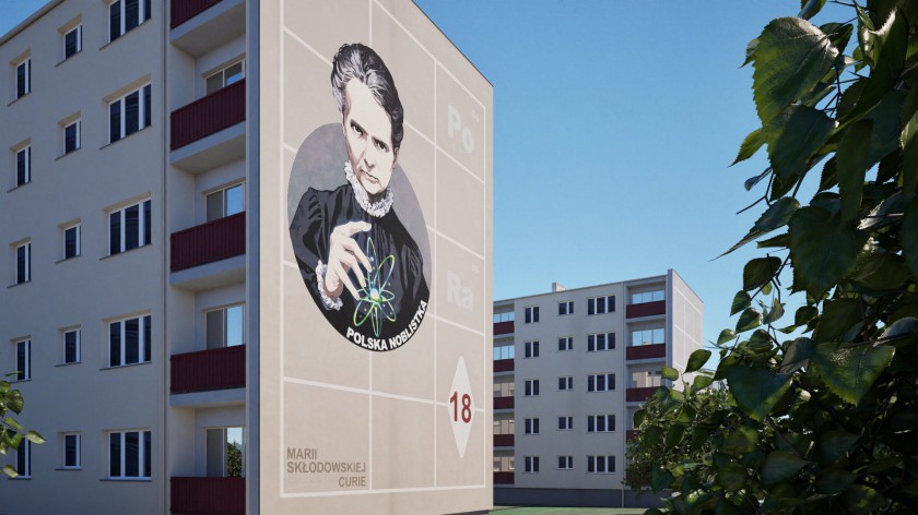 Nowy mural w centrum Kościerzyny. Ścianę bloku zdobi wizerunek Marii Skłodowskiej-Curie