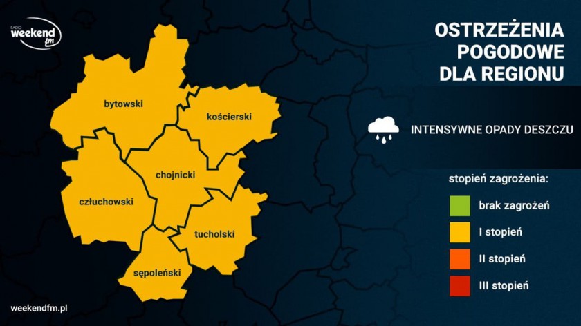 IMGW ostrzega w piątek intensywne opady deszczu, możliwe są też burze. Ostrzeżenie 1. stopnia dla wszystkich powiatów w regionie