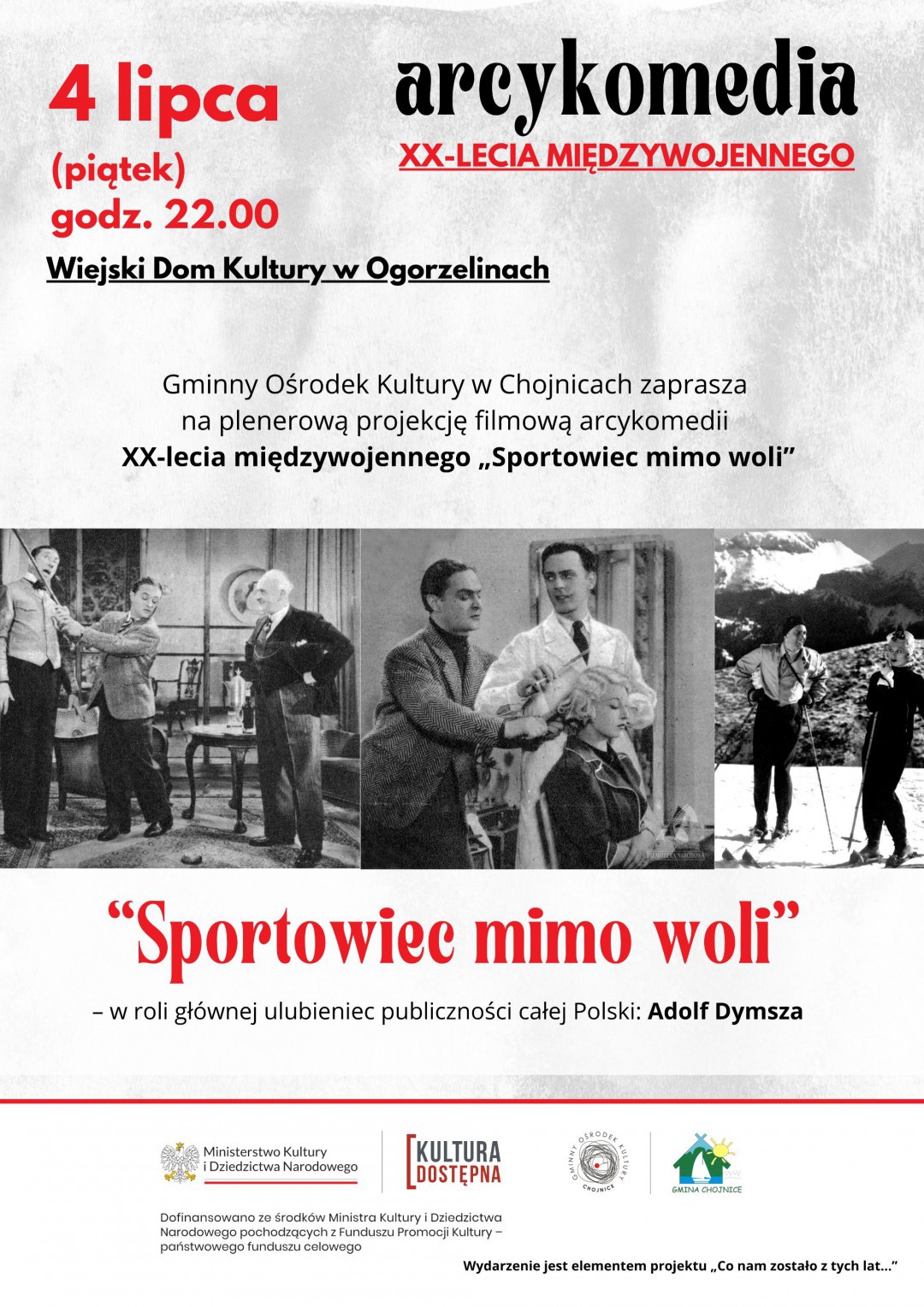 Kino w plenerze. Gminny Ośrodek Kultury w Chojnicach zaprasza w weekend na przedwojenne komedie
