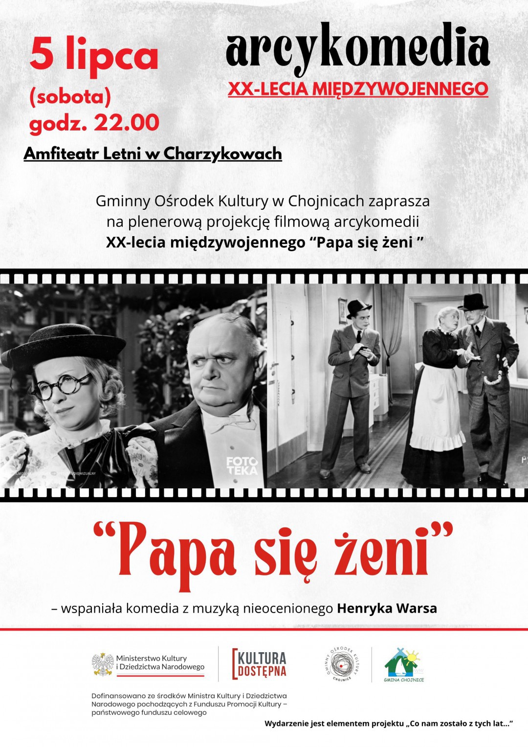 Kino w plenerze. Gminny Ośrodek Kultury w Chojnicach zaprasza w weekend na przedwojenne komedie