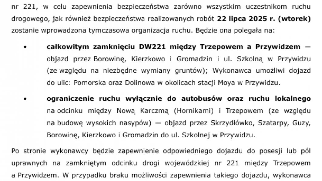 Od wtorku (22.07) kolejne zmiany w ruchu na DW 221 w powiecie kościerskim. Chodzi o odcinek między Nową Karczmą i Przywidzem