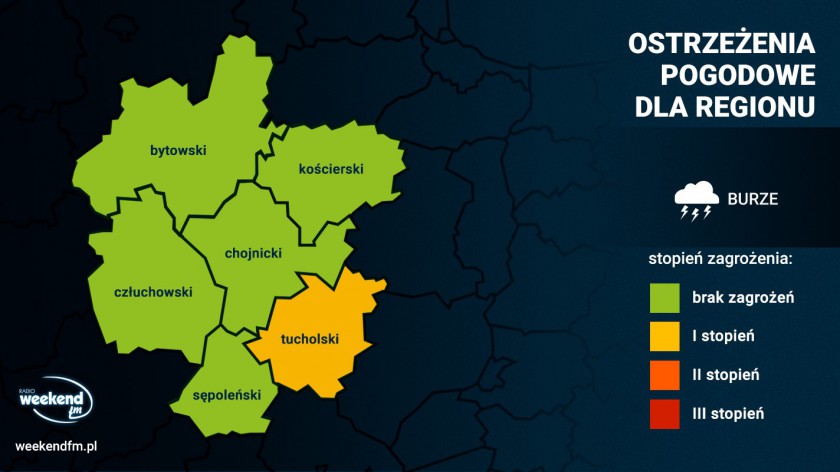 IMGW wydał ostrzeżenie pierwszego stopnia przed burzami dla powiatu tucholskiego