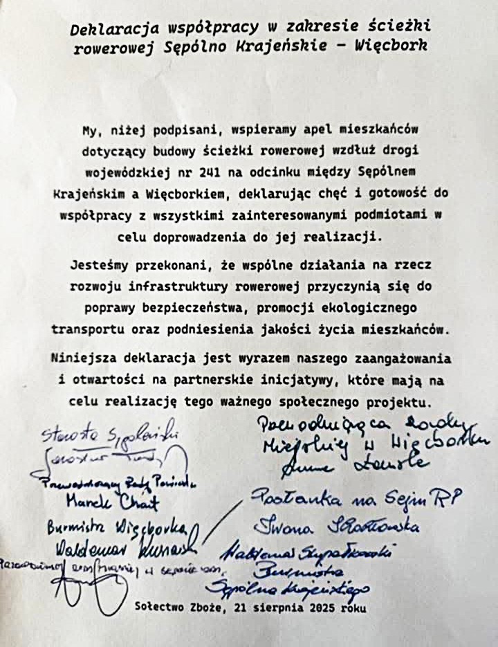 1800 podpis&oacute;w pod apelem do marszałka w&oacute;jew&oacute;dztwa w sprawie ścieżki rowerowej między Sęp&oacute;lnem i Więcborkiem
