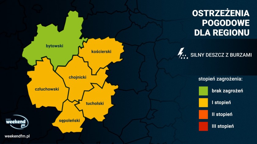 Silny deszcze z burzami. Obowiązują ostrzeżenia pierwszego stopnia dla naszego regionu