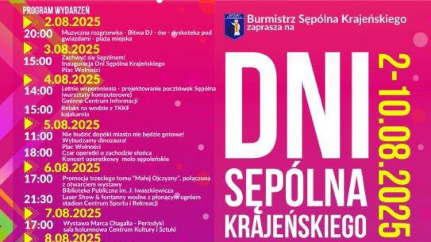 Już jutro 3.08 oficjalna inauguracja dni Sępólna Krajeńskiego. Za tydzień zagrają tu Wilki