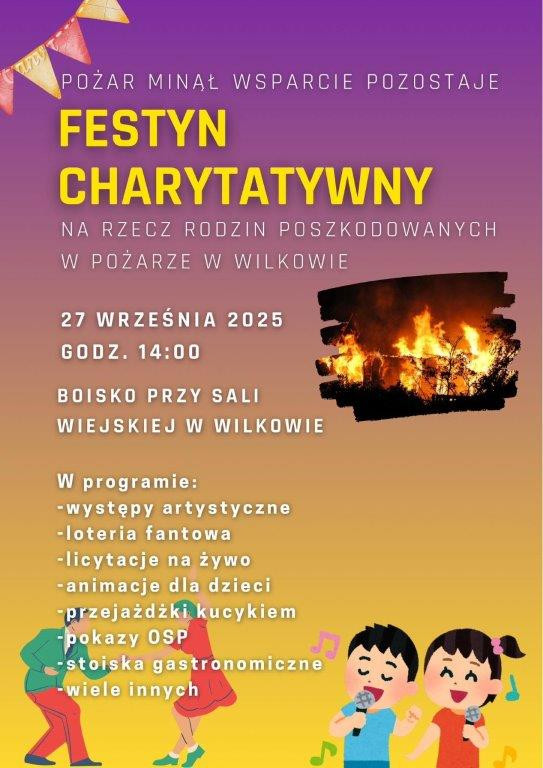 Jutro (27.09) w Wilkowie, w gminie Koczała, odbędzie się festyn charytatywny na rzecz pogorzelc&oacute;w