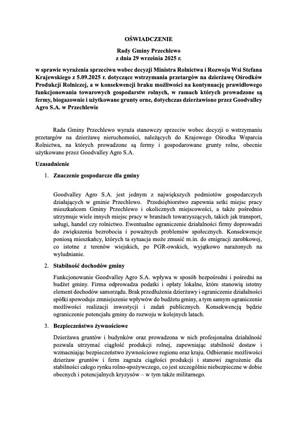 Rada Gminy Przechlewo jednogłośnie przyjęła oświadczenie wspierające firmę Goodvalley. I to pomimo krytyki rolnik&oacute;w
