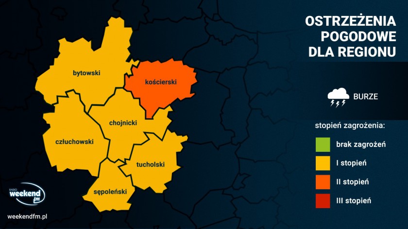 Ostrzeżenia pierwszego i drugiego stopnia przed burzami dla naszego regionu. Może też intensywnie padać