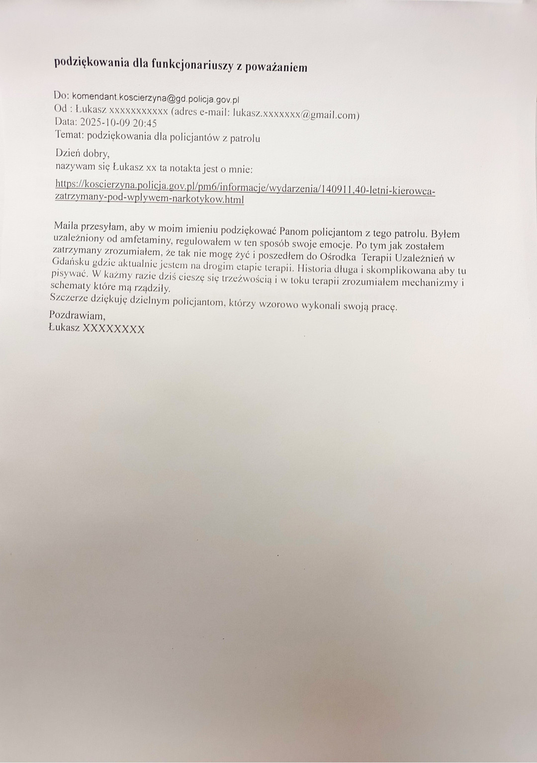 Nietypowy mail z podziękowaniami trafił do Komendy Powiatowej Policji w Kościerzynie