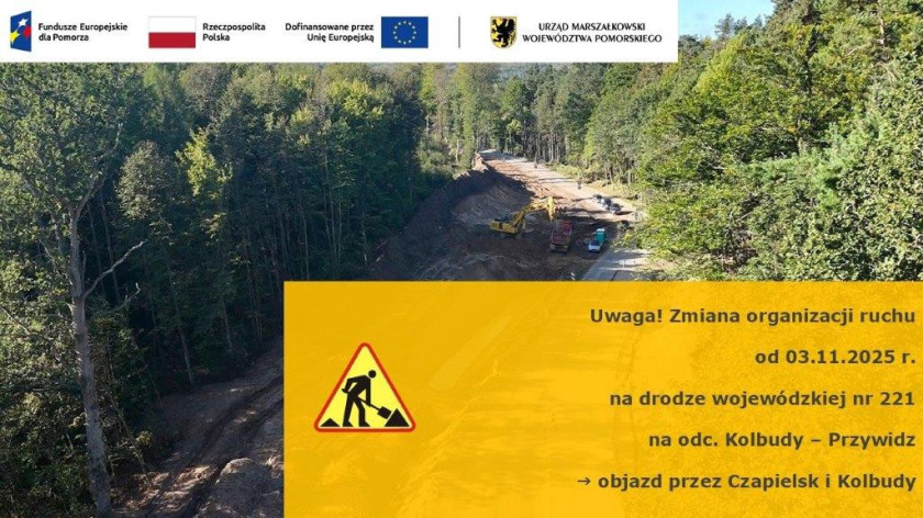 Od jutra 3.11. planowane są zmiany w organizacji ruchu na rozbudowywanej drodze woj. 221 w pow. kościerskim
