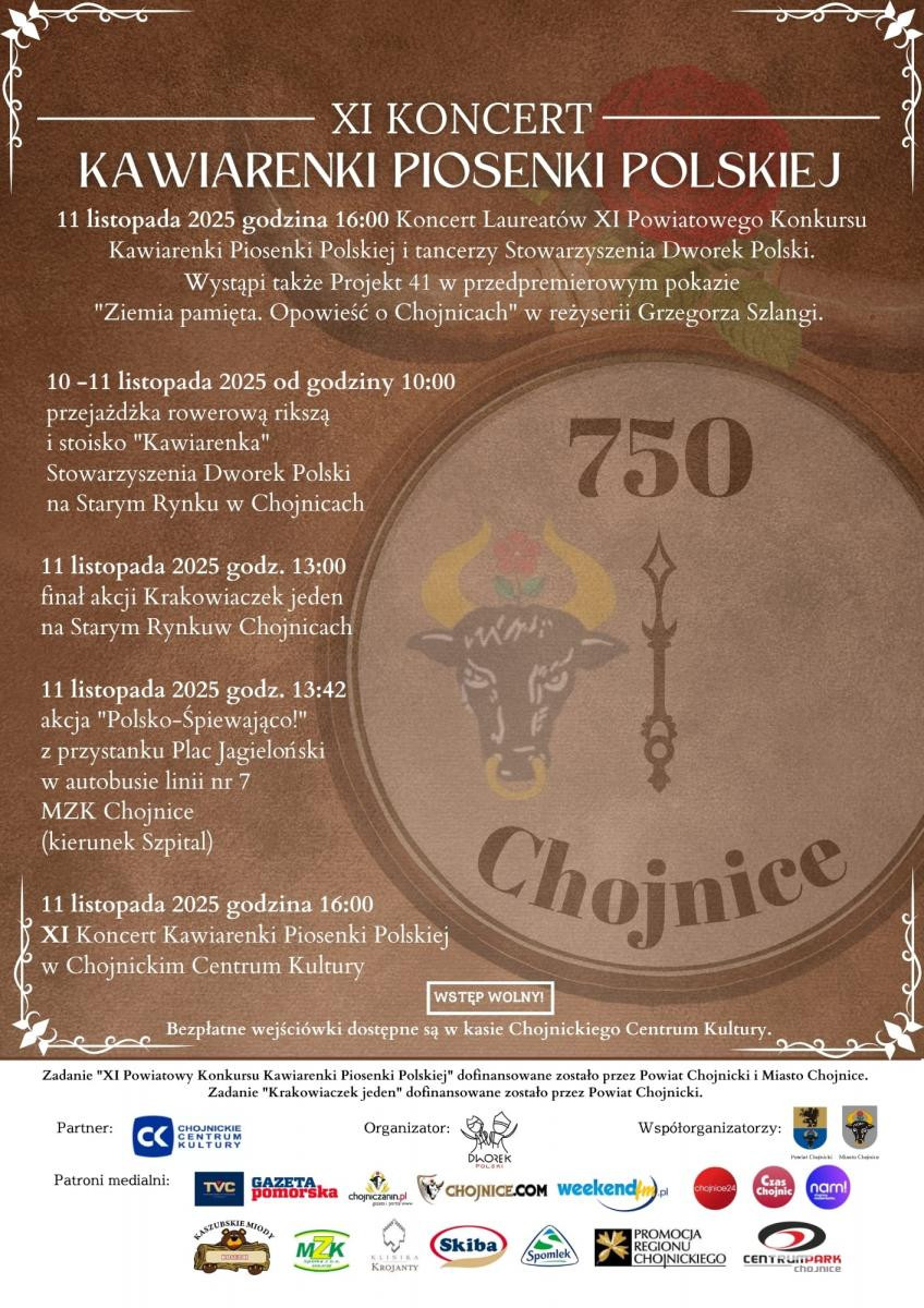 XI Koncert Kawiarenki Piosenki Polskiej, pokaz teatralny i wsp&oacute;lne śpiewanie "Mazurka Dąbrowskiego". Tak zapowiada się Narodowe Święto Niepodległości w Chojnicach