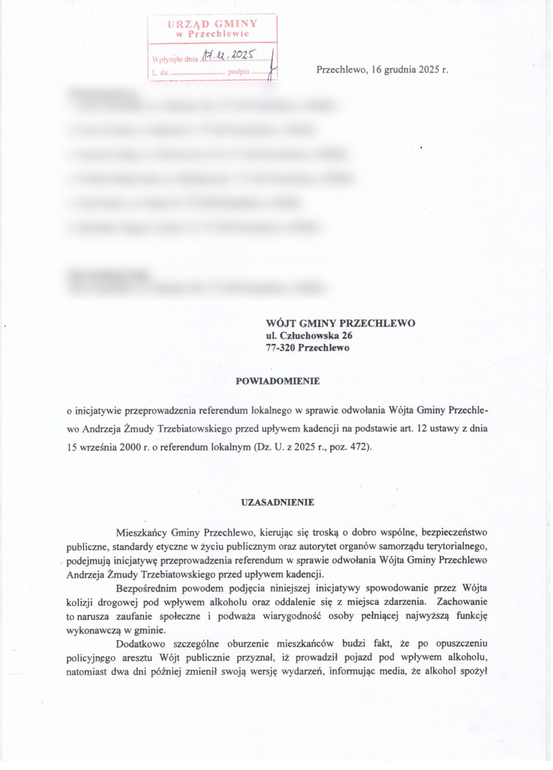 Grupa mieszkańc&oacute;w gminy Przechlewo chce zorganizować referendum w sprawie odwołania w&oacute;jta Andrzeja Żmudy Trzebiatowskiego