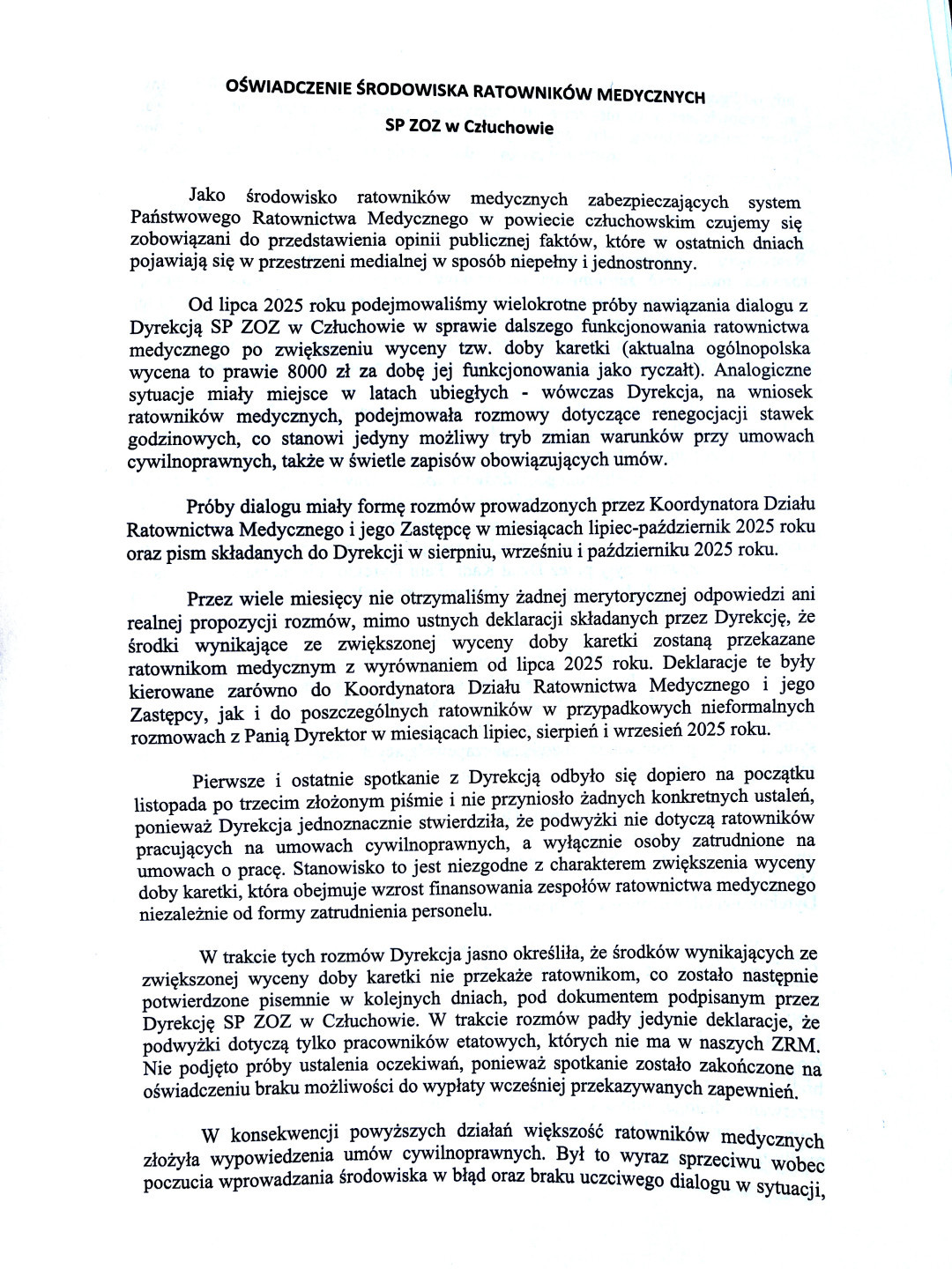 Ratownicy medyczni z człuchowskiego szpitala wystosowali oświadczenie w sprawie zerwanych rozm&oacute;w z dyrekcją. Jest też stanowisko lecznicy