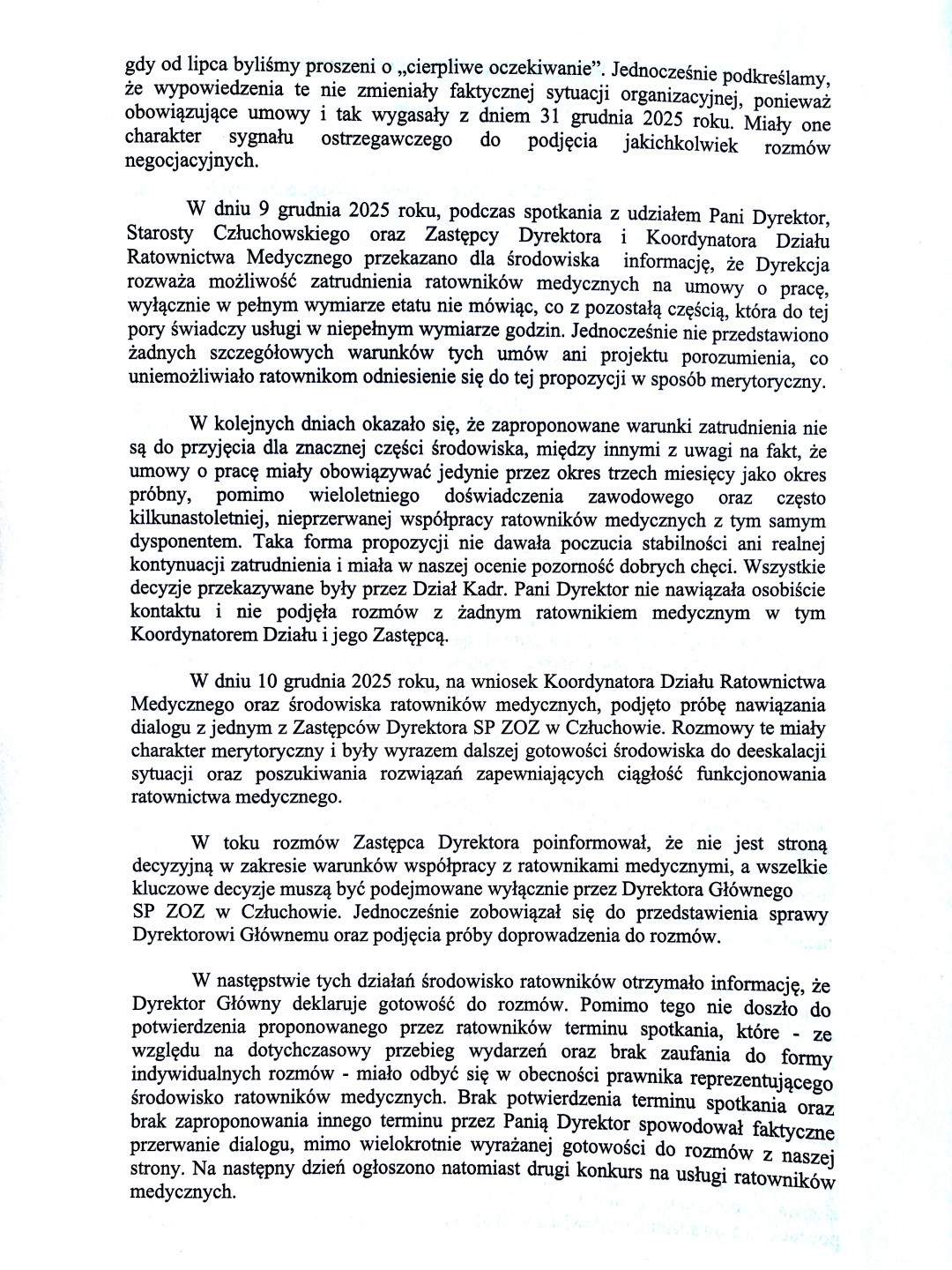 Ratownicy medyczni z człuchowskiego szpitala wystosowali oświadczenie w sprawie zerwanych rozm&oacute;w z dyrekcją. Jest też stanowisko lecznicy