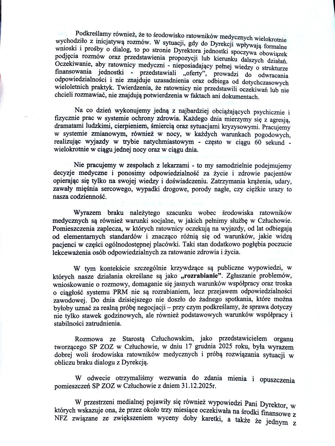 Ratownicy medyczni z człuchowskiego szpitala wystosowali oświadczenie w sprawie zerwanych rozm&oacute;w z dyrekcją. Jest też stanowisko lecznicy