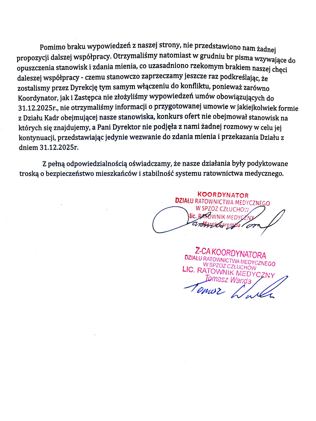 Ratownicy medyczni z człuchowskiego szpitala wystosowali oświadczenie w sprawie zerwanych rozm&oacute;w z dyrekcją. Jest też stanowisko lecznicy