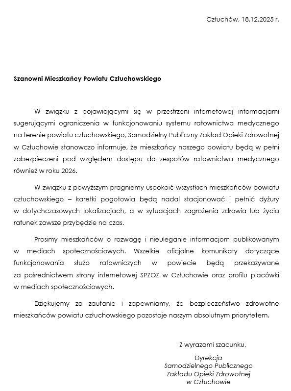 Ratownicy medyczni z człuchowskiego szpitala wystosowali oświadczenie w sprawie zerwanych rozm&oacute;w z dyrekcją. Jest też stanowisko lecznicy