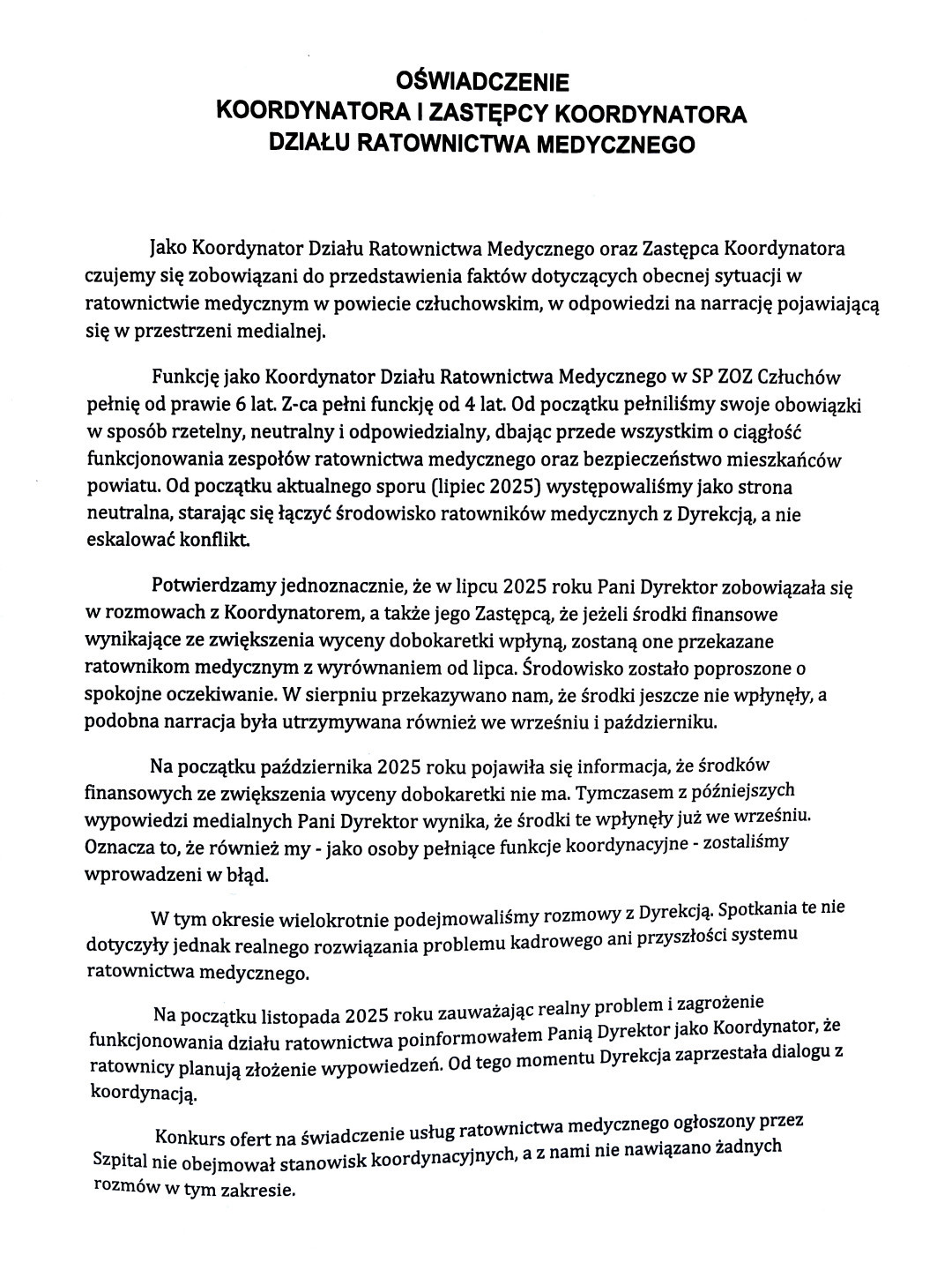 Ratownicy medyczni z człuchowskiego szpitala wystosowali oświadczenie w sprawie zerwanych rozm&oacute;w z dyrekcją. Jest też stanowisko lecznicy