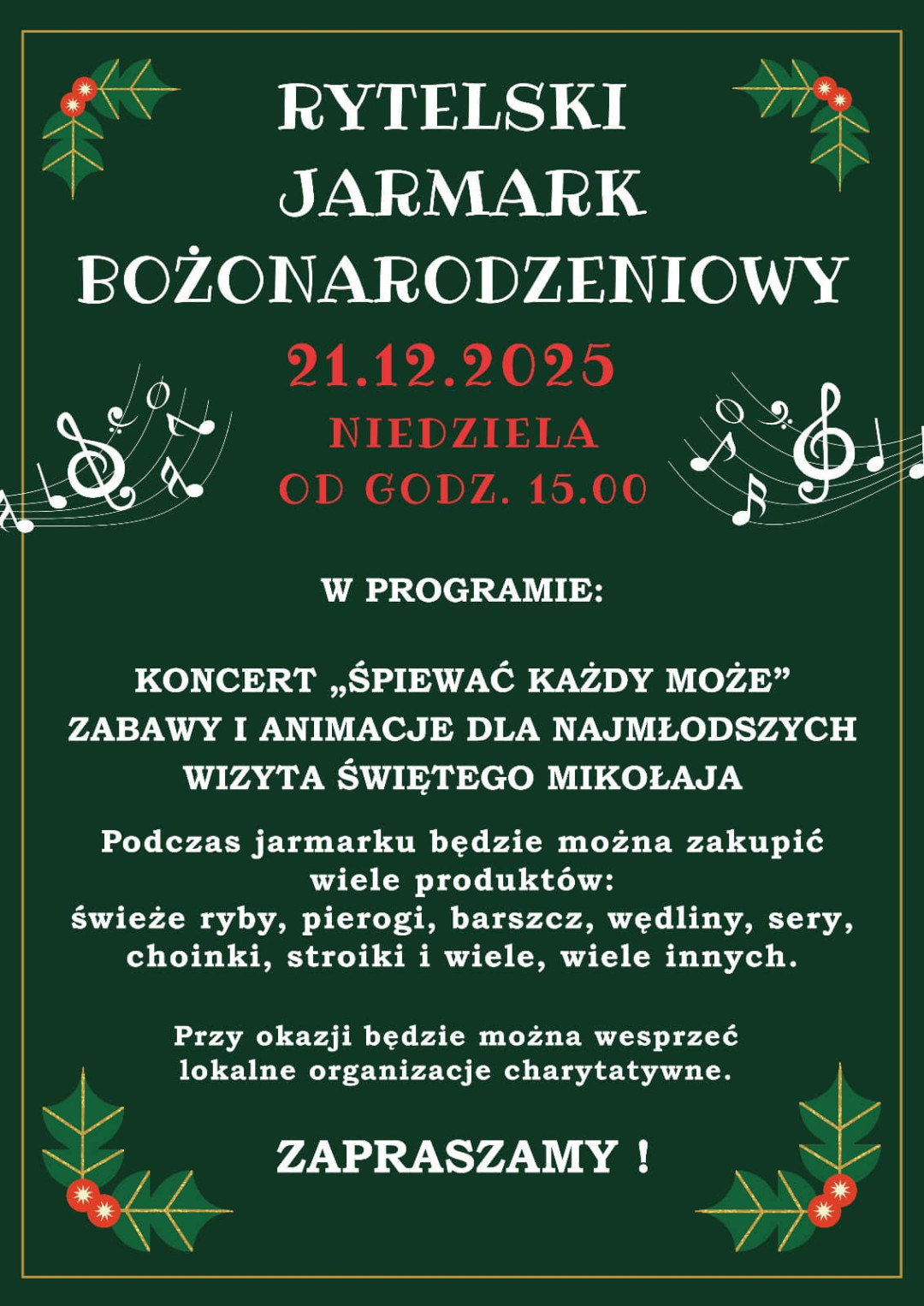 W niedzielę (21.12) Rytelski Jarmark Bożonarodzeniowy. Będzie okazja do zakup&oacute;w i akcent charytatywny
