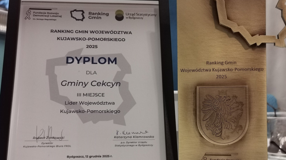 Cekcyn wysoko w rankingu gmin województwa kujawsko-pomorskiego. Ma trzecie miejsce w kategorii Lider województwa