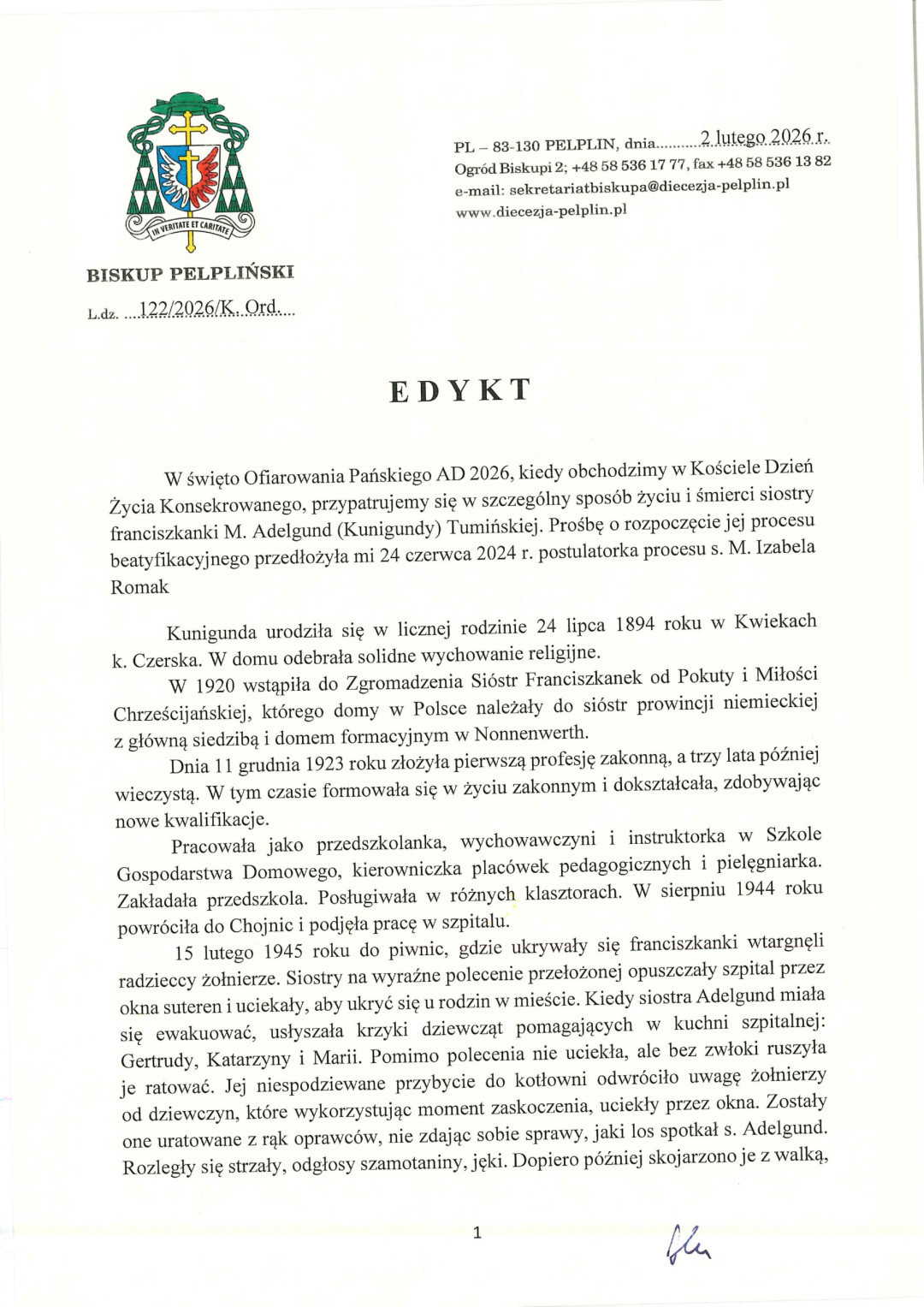 Jest biskupi edykt w sprawie zamiaru rozpoczęcia procesu beatyfikacyjnego siostry Adelgund Tumińskiej