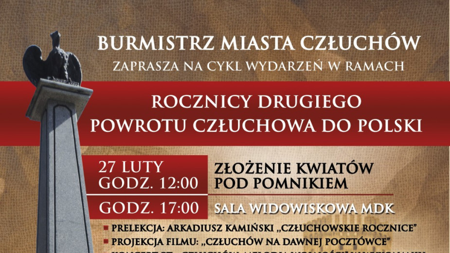 Człuchów przez trzy dni będzie świętował rocznicę drugiego powrotu do Polski. W planie m.in. prelekcja, koncert, animacje rodzinne i bieg